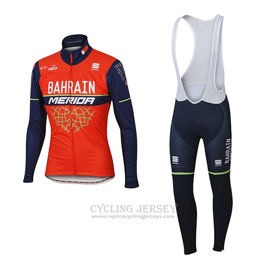 2017 Cycling Jersey Bahrain Merida Red Long Sleeve and Bib Tight